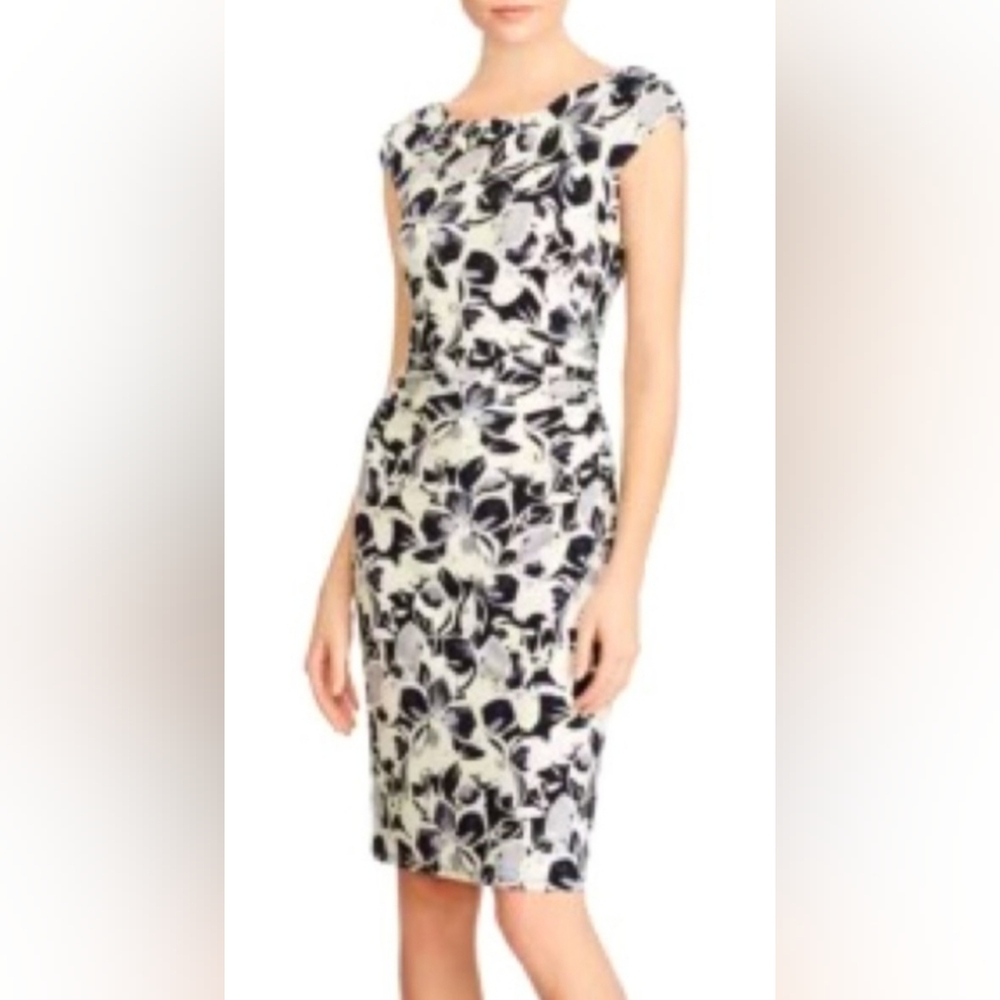 Ralph Lauren Black holiday White Floral Jersey‎ Sheath Dress Flutter Cap Sleeves